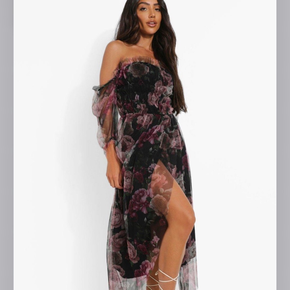 FLORAL MESH RUCHED MAXI DRESS